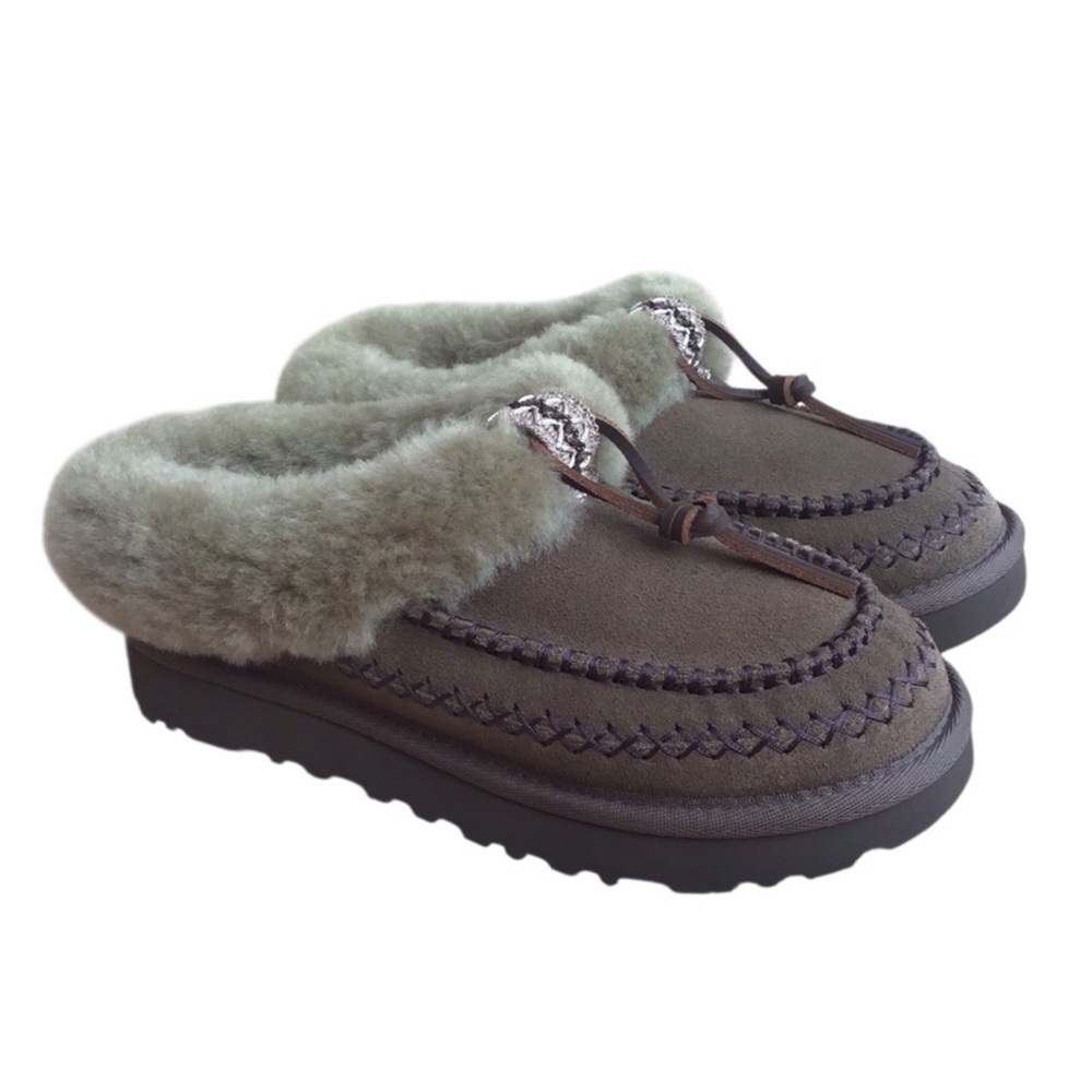 UGG Tasman Alpine Suede Fur Collar Leather Knot Slippers NEW